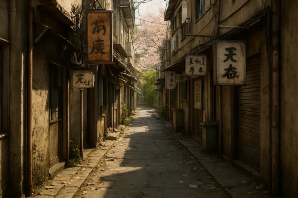 Tokyo alleyway in spring, late morning, narrow with old signboards, small debris on the ground, subtle shadows