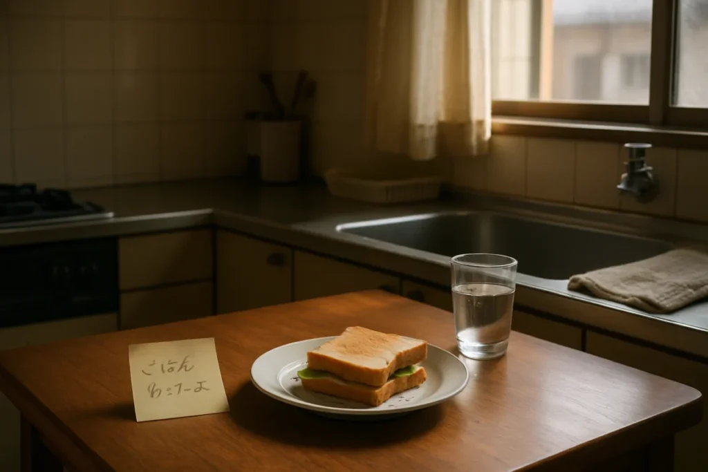 キッチンのテーブルに置かれた手書きの置き手紙と食べかけの軽食が映る朝の室内の様子