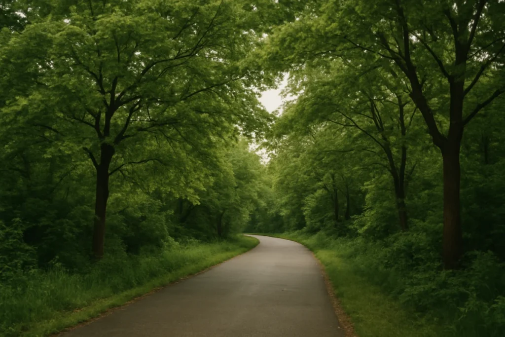 Lush green trees overhanging a quiet walking path under a cloudy late afternoon sky