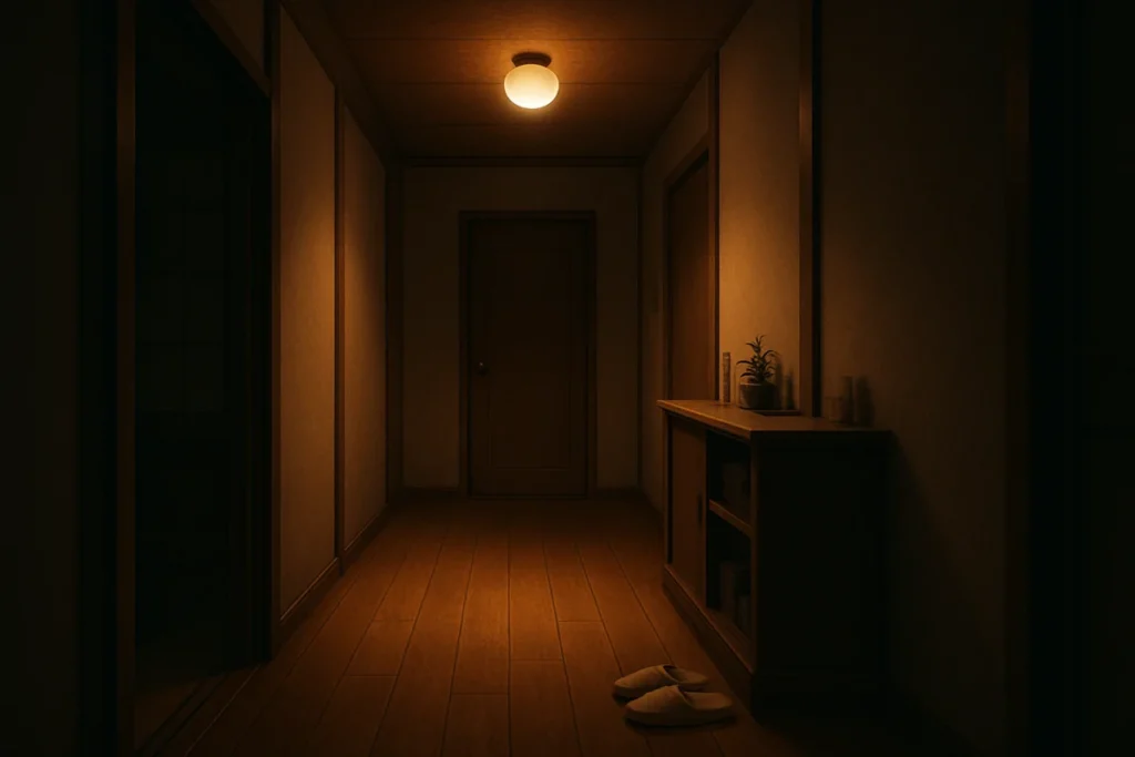 夜の廊下に灯る暖かな電灯の光と、古びた木の床が見える風景