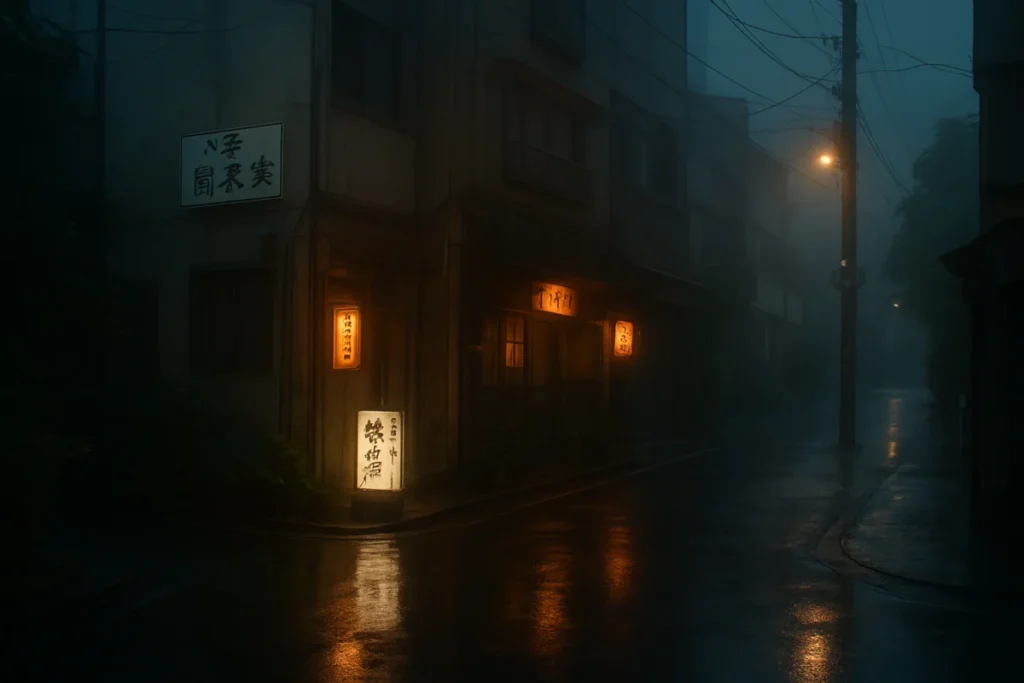 夜の街角に小さな光が灯る、濡れた路面と霧雨の名残が見える風景