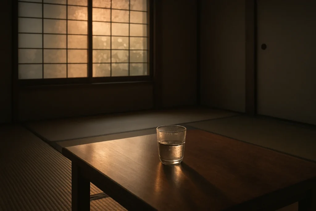 朝の薄明かりの部屋で窓辺に差し込む光の様子