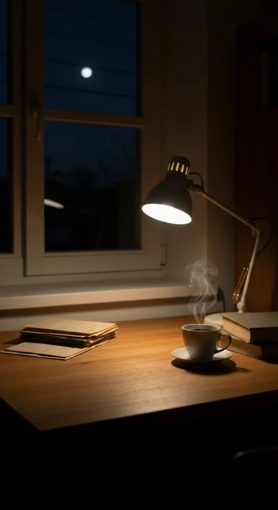 夜の室内で温かいコーヒーカップが置かれた机の風景