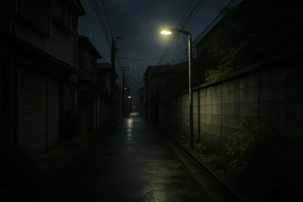 東京の夜の路地裏、街灯の下で静かに佇む路面と植物