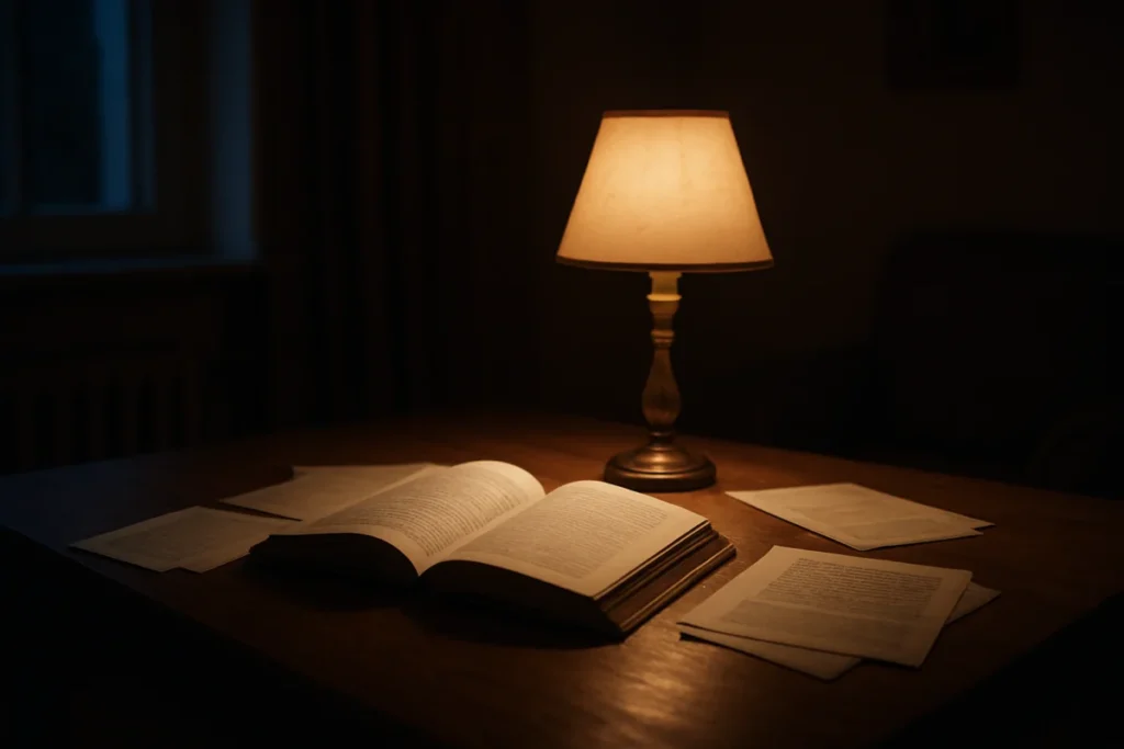 深夜の部屋で本を開いている静かな情景