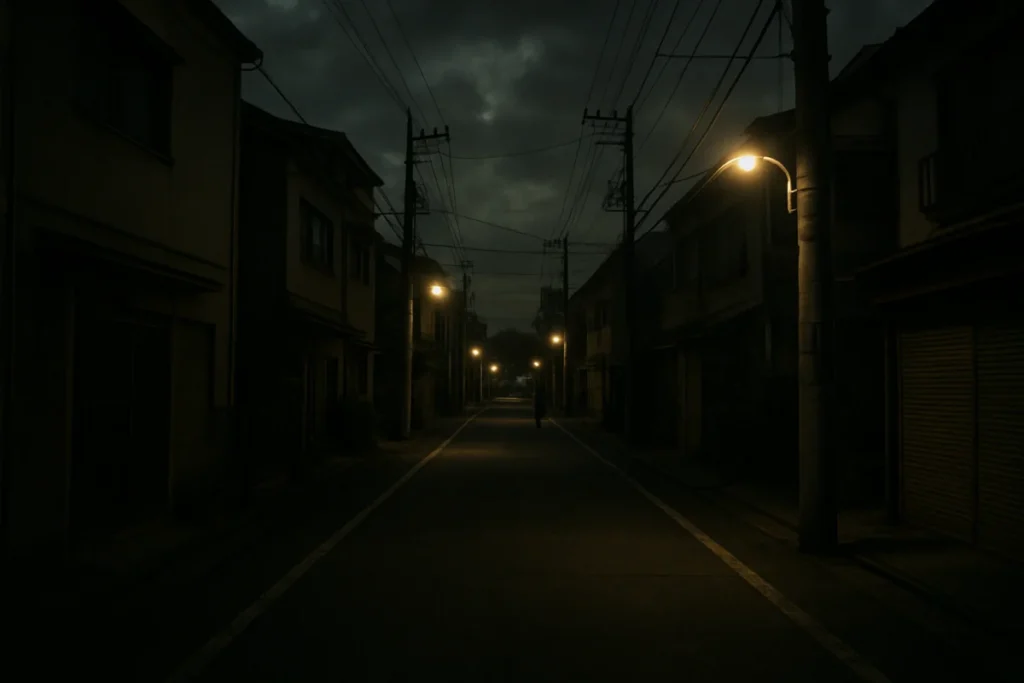 夜の東京の静かな路地と街灯の光