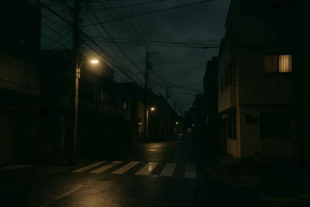 夜の街灯に照らされた東京の静かな路地の風景