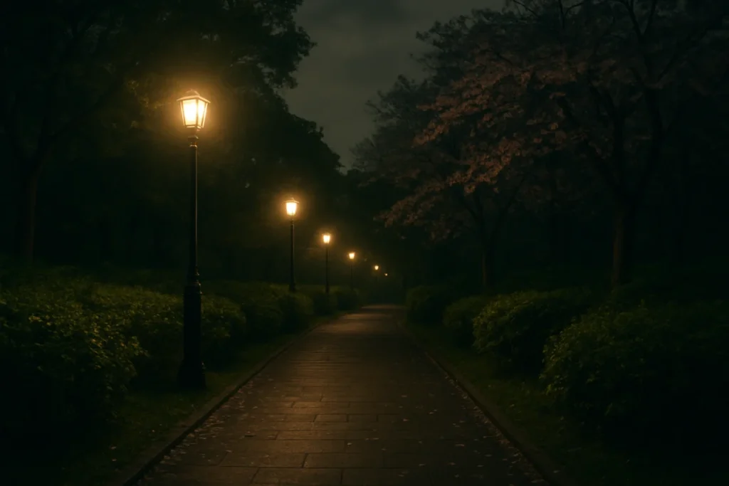 夜の静かな公園の小道と街灯がともる風景
