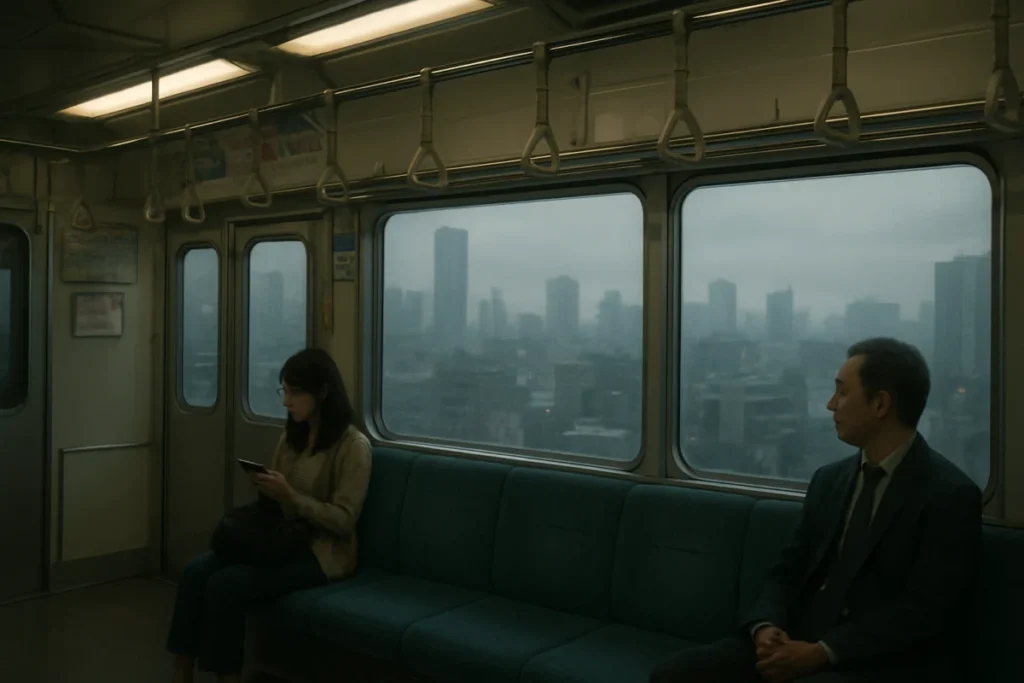 夕方の都心の静かな電車内と、窓の外に沈みかけた曇り空の風景