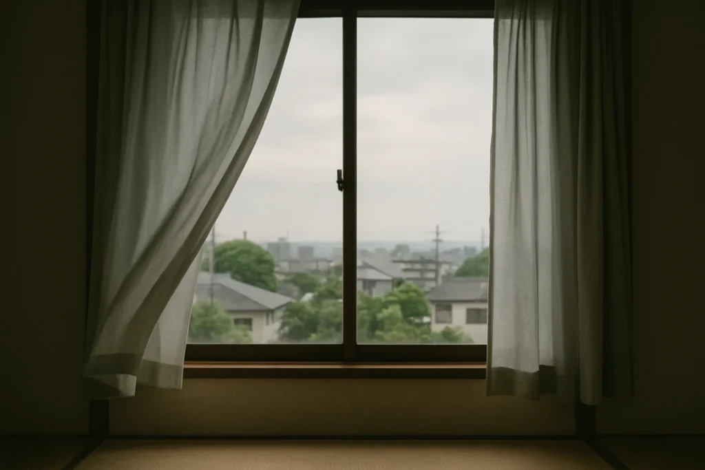 曇り空の午後、窓辺に差し込む柔らかな光と揺れるカーテン越しの街並み