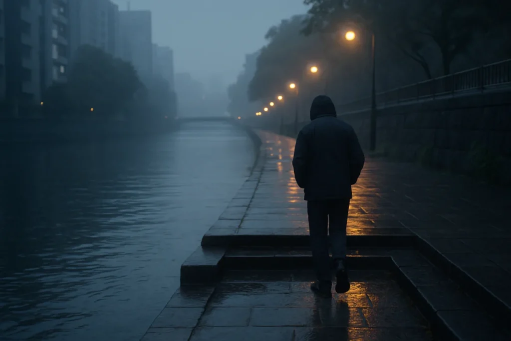 夜明け前の東京の川べり、雨の気配の中を歩く人と街灯、濡れた石段の質感