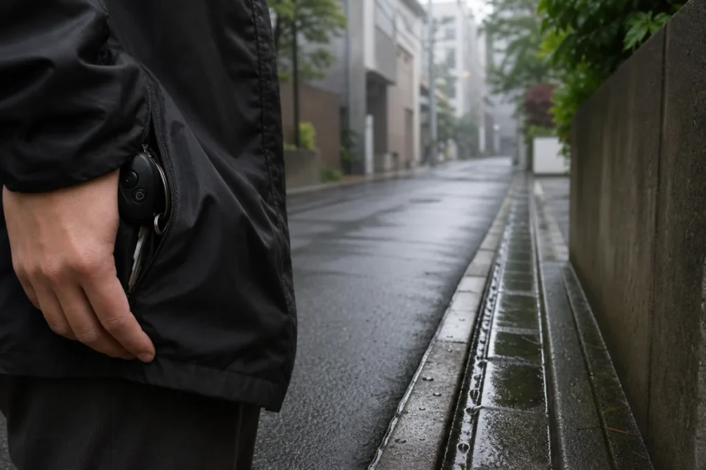 雨上がりの朝、街角の側溝の水の筋とポケットから覗く鍵