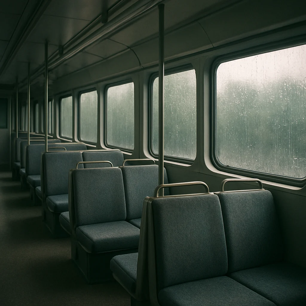 Rain droplets on train window with empty seats and soft lighting inside