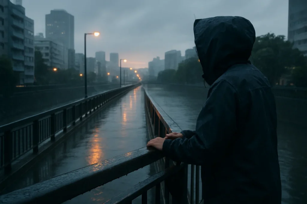 夜明け前の雨の東京、橋の手すりに触れながら川の流れを見下ろす人