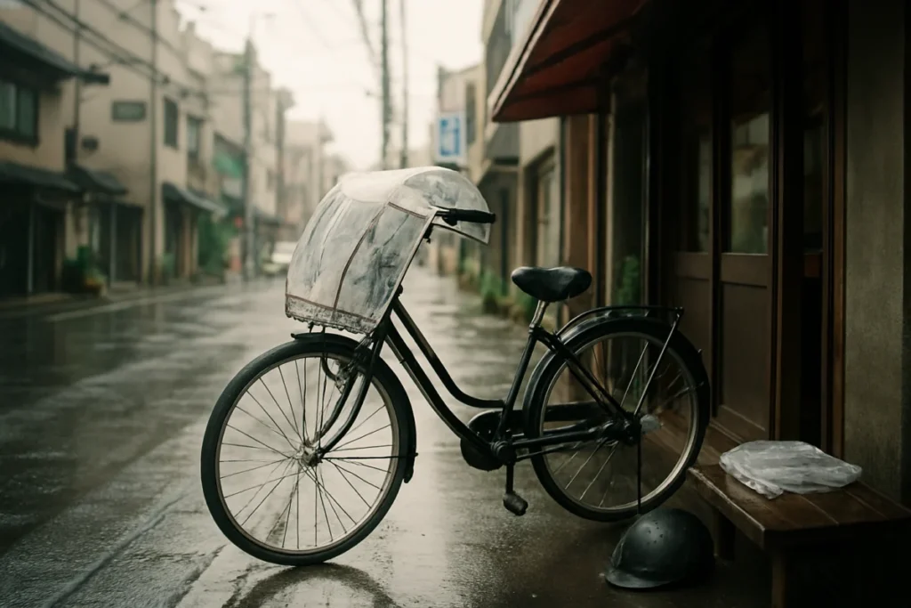 雨の東京、店先でレインカバーを整える自転車とヘルメット