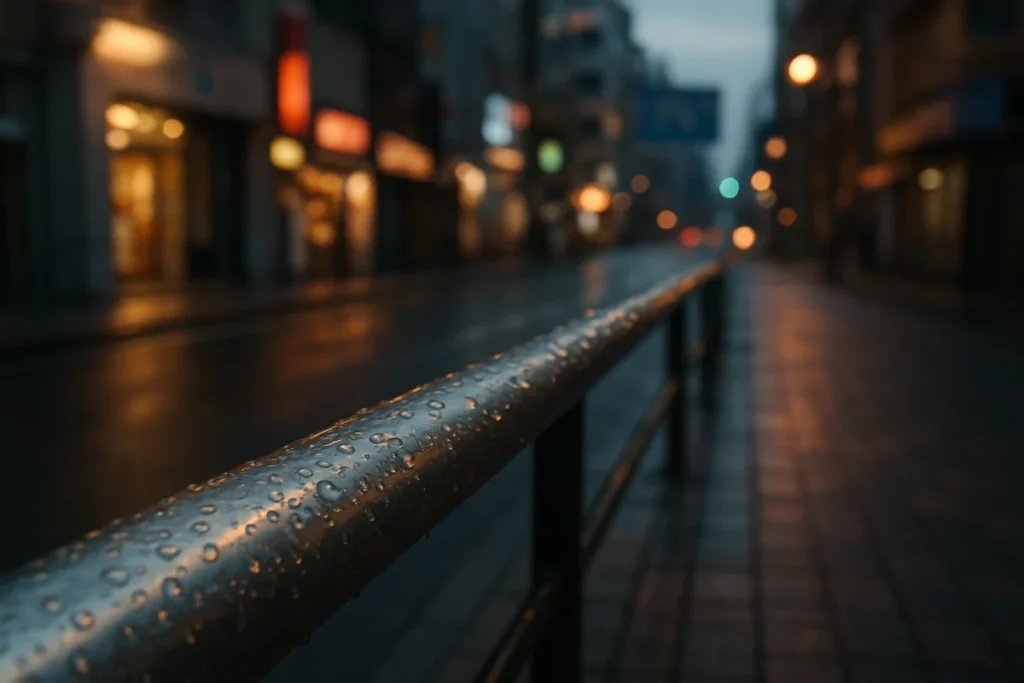 雨の後の駅前で、金属の手すりに映る街の光