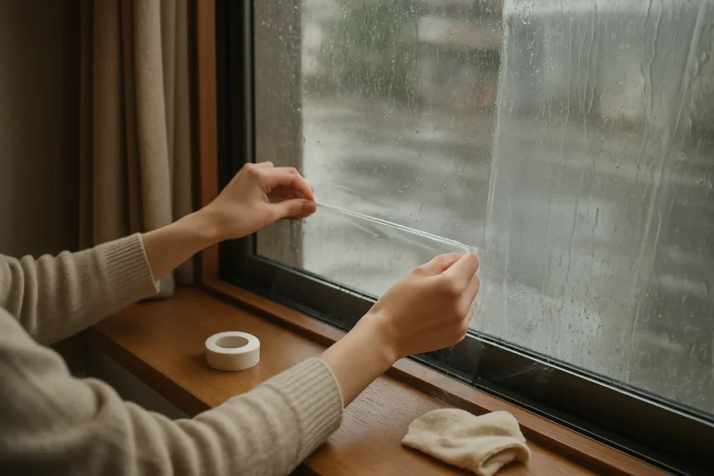 雨の朝、窓辺に透明の断熱シートを当てようとする部屋の準備風景