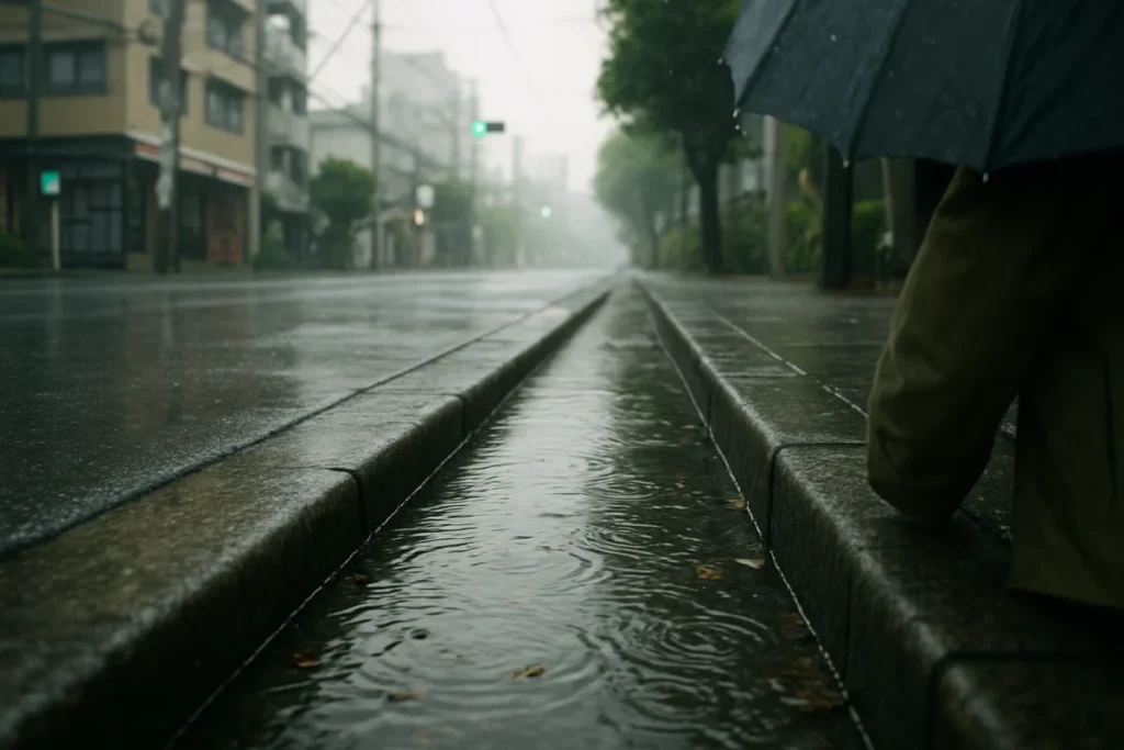 雨の朝、歩道脇の側溝から小さな水面が揺れる様子