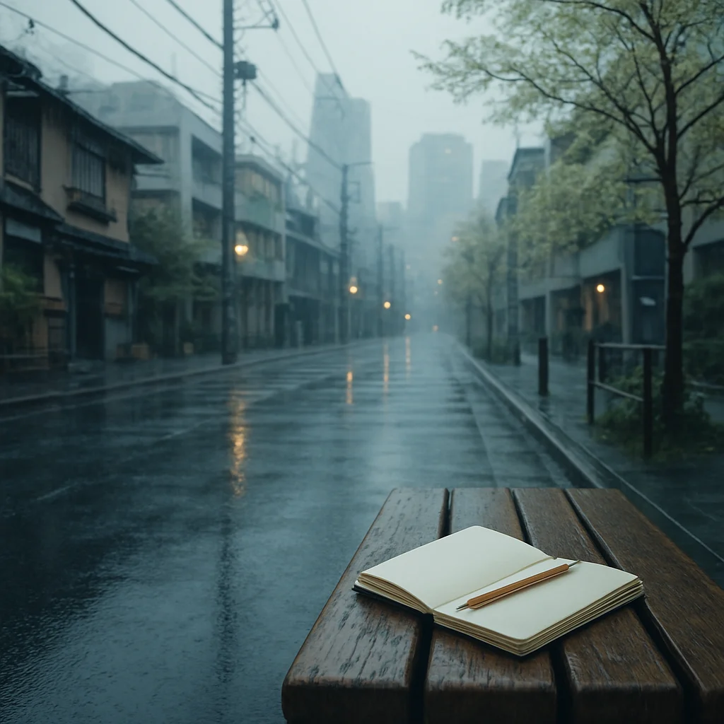 東京の早朝、雨の街並み。濡れた路面に光が揺れ、木々の香りが混ざる中、ベンチに置かれたノートと鉛筆が静かな佇まいを添える。