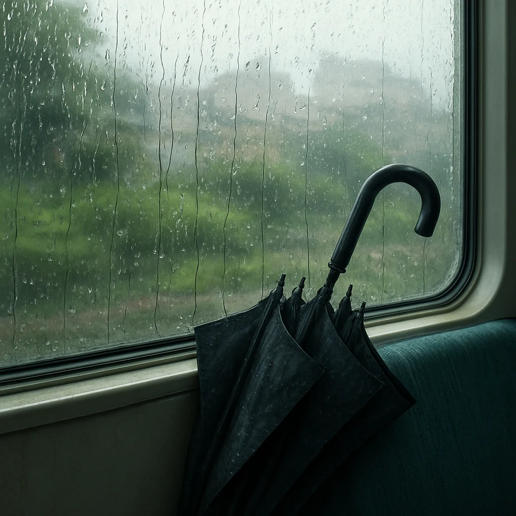 雨に濡れた電車の窓ガラスと傘