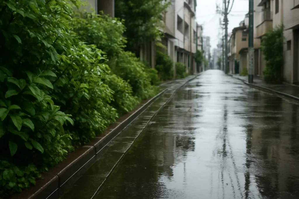 雨の東京の街中、濡れた植栽の葉と歩道の反射