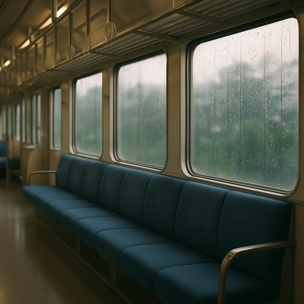 雨に濡れた電車の窓と静かな車内の風景