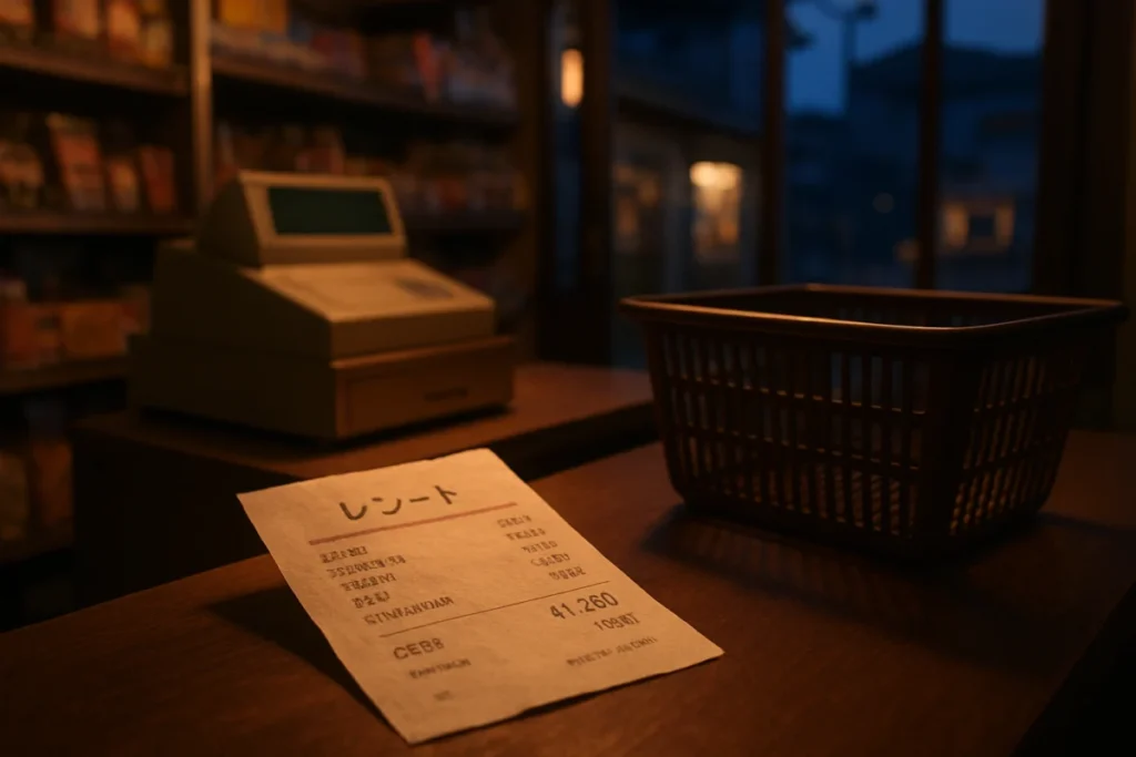 夕暮れのスーパーのレジ前で光るレシートと買い物カゴ