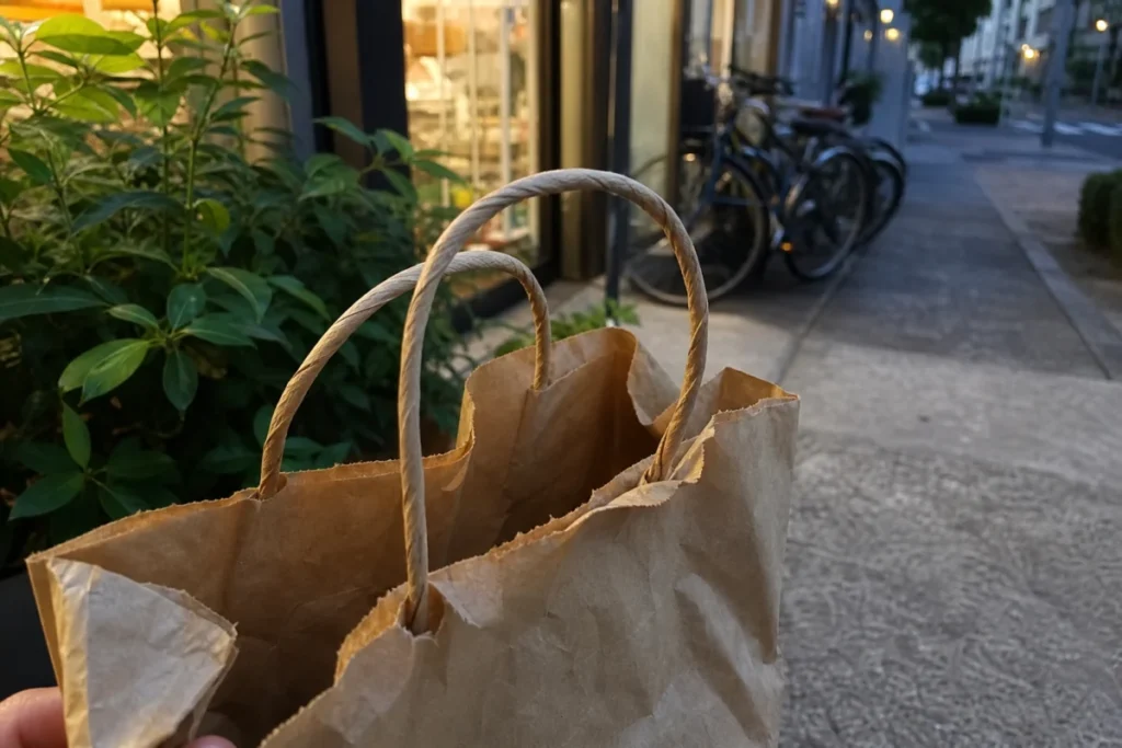 夕方の街角、スーパー前で揺れるレジ袋の取っ手と折り目