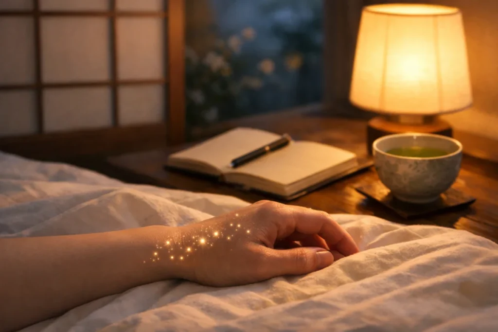夜の部屋で右手首の痺れを見つめるクローズアップ