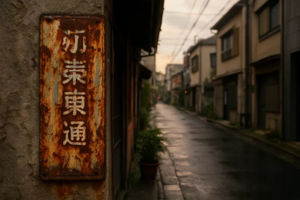 路地裏の看板の錆が薄曇りの夕暮れに色を変える様子