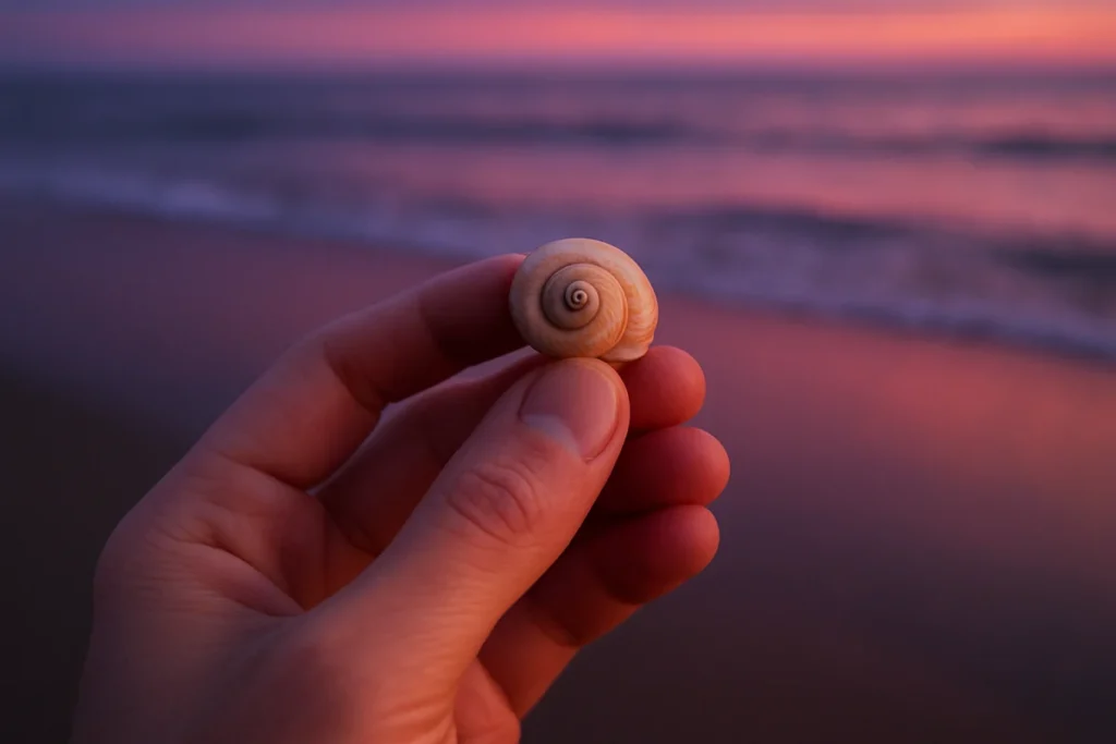 夕暮れの砂浜で手に握られた小さな貝殻