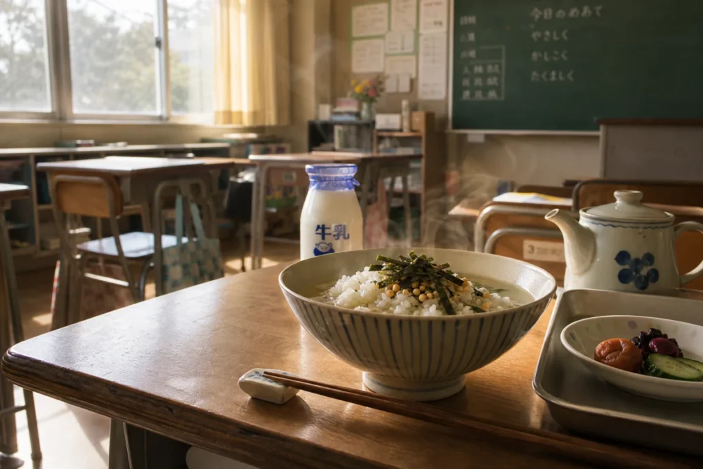 午後の小学校の教室で湯気の立つお茶漬け茶碗が机の上に置かれている風景