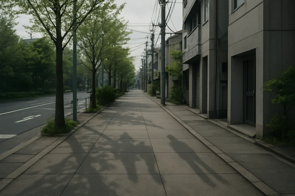 曇り空の朝、東京の歩道の隅で人の影がゆらりと揺れている様子