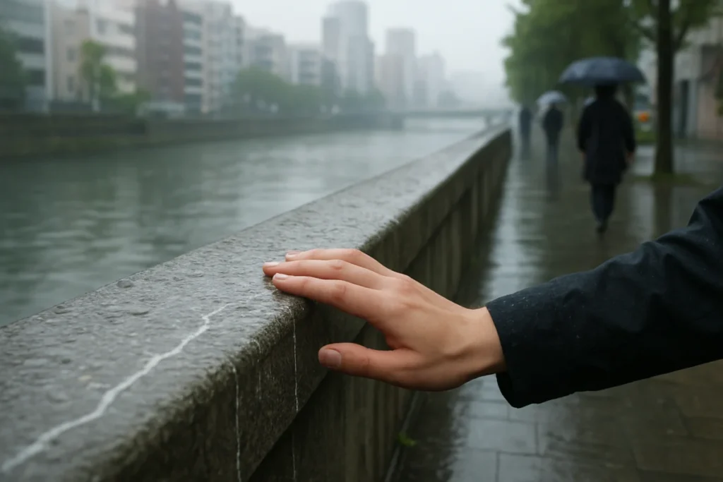 雨の朝の川沿い、濡れた欄干に残る白い筋を手の甲で確かめる