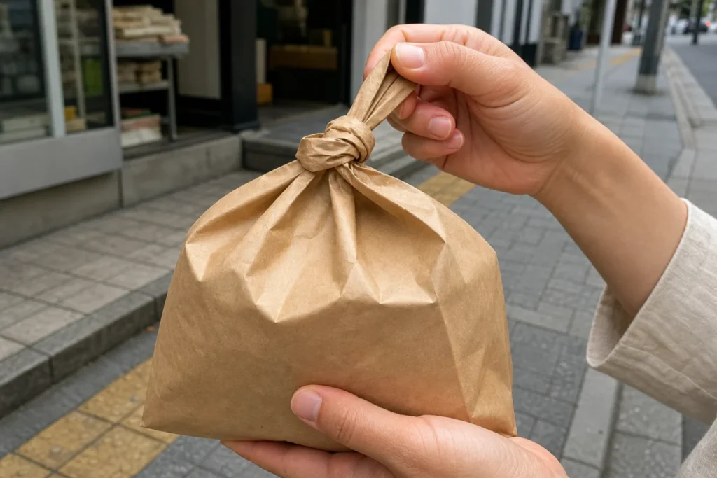 午後の街角で手に持った買い物袋の結び目を確かめる様子