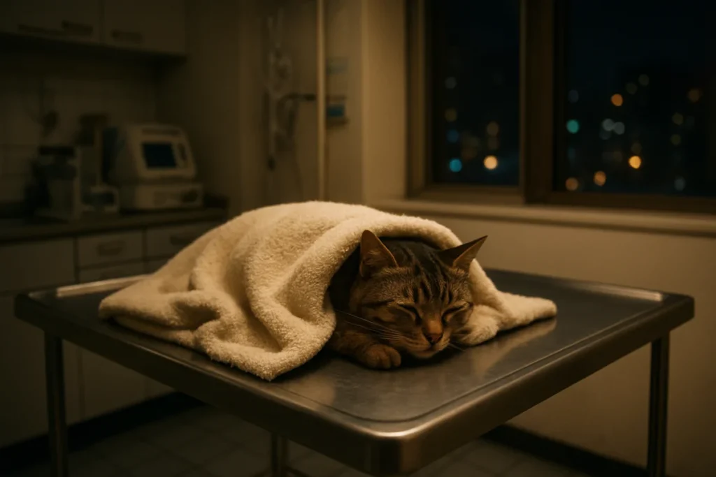 深夜の病院で毛布に包まれる猫の横顔