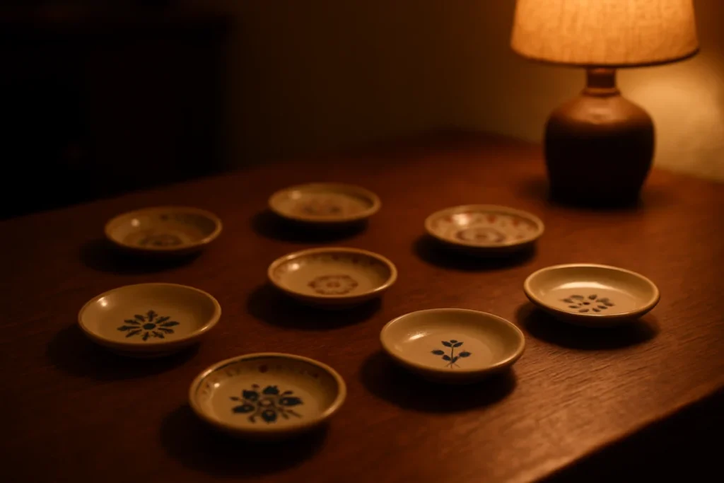 夜のテーブルに並べられた小さな豆皿の風景