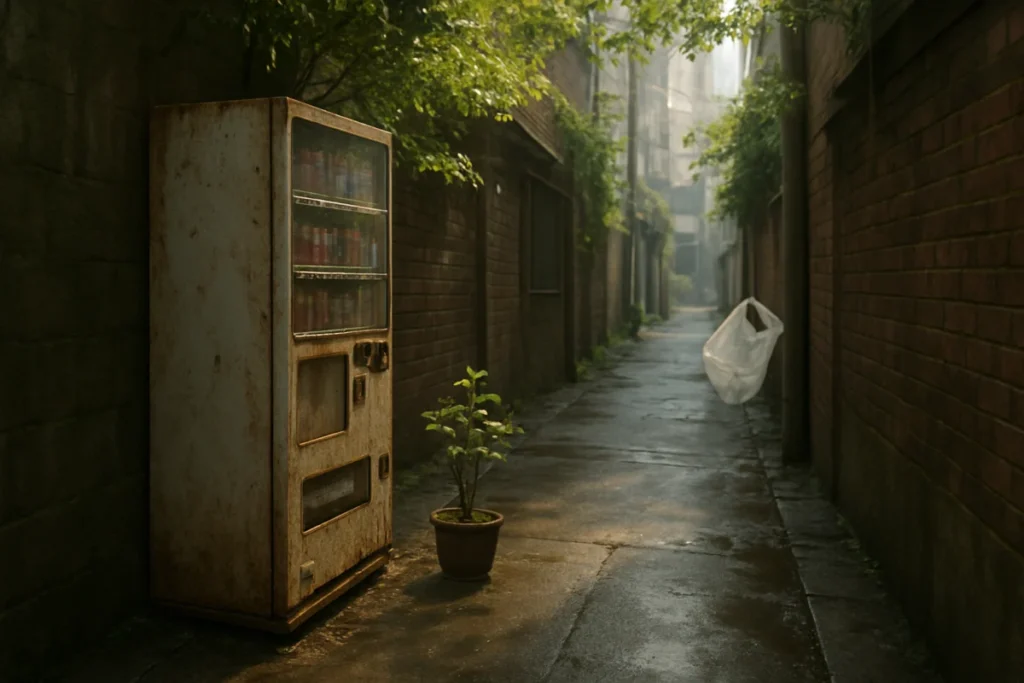 路地の自販機と緑の芽吹きが混ざる午後の風景