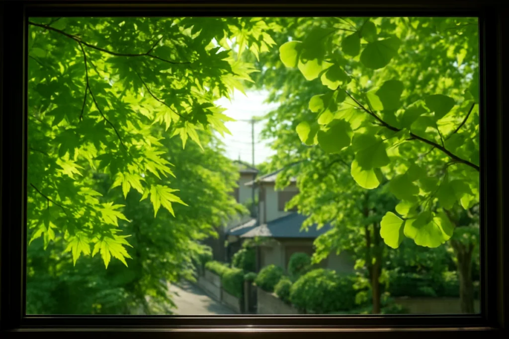 初夏の青葉が風に揺れる窓辺の風景