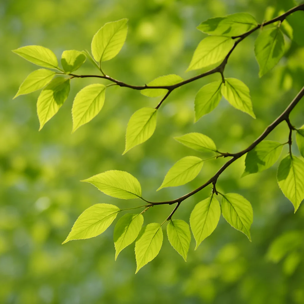 Fresh green leaves on tree branches swaying gently in spring breeze with soft natural lighting