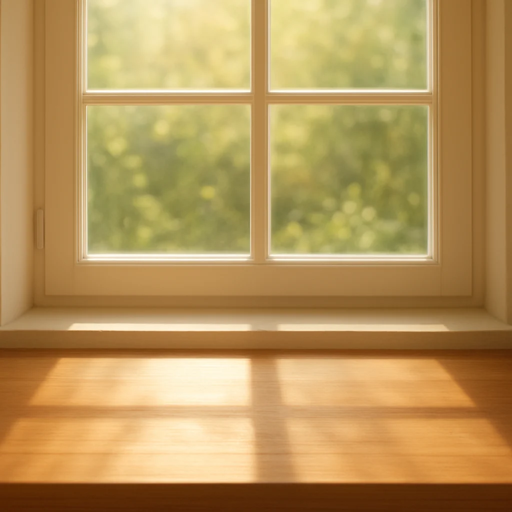Soft morning light streaming through a window with gentle shadows on a wooden surface