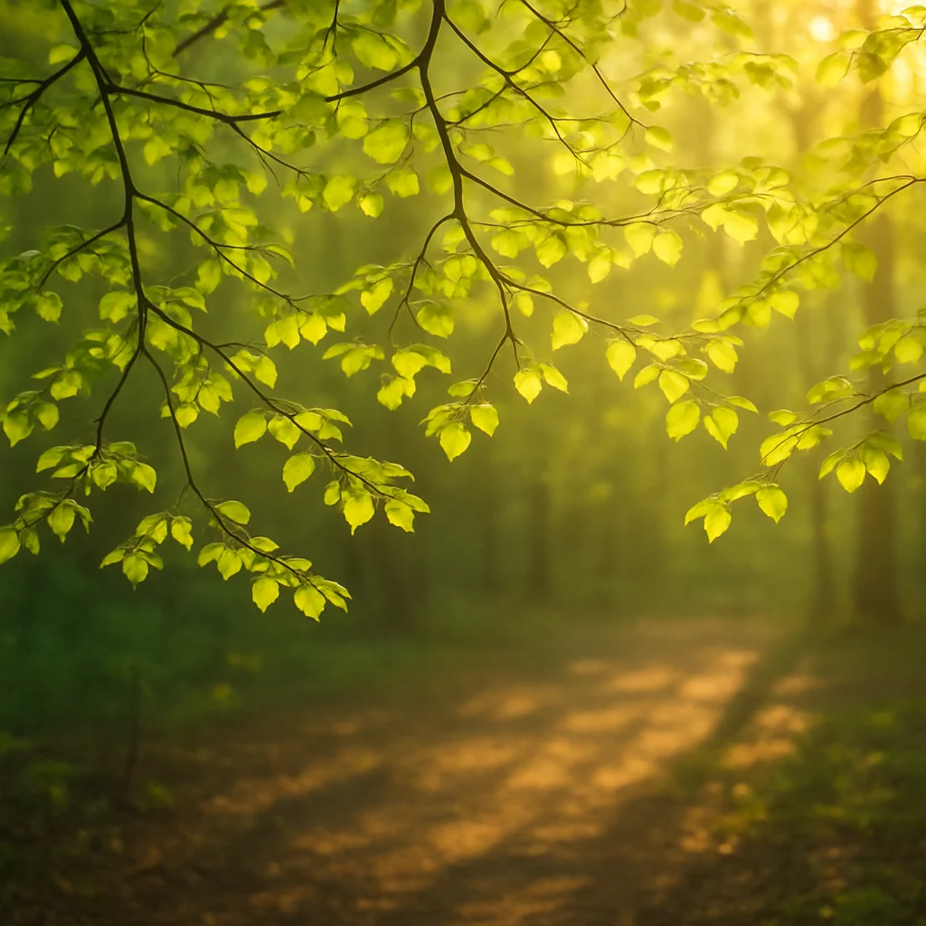 Soft morning light filtering through fresh green leaves on a tree branch in spring