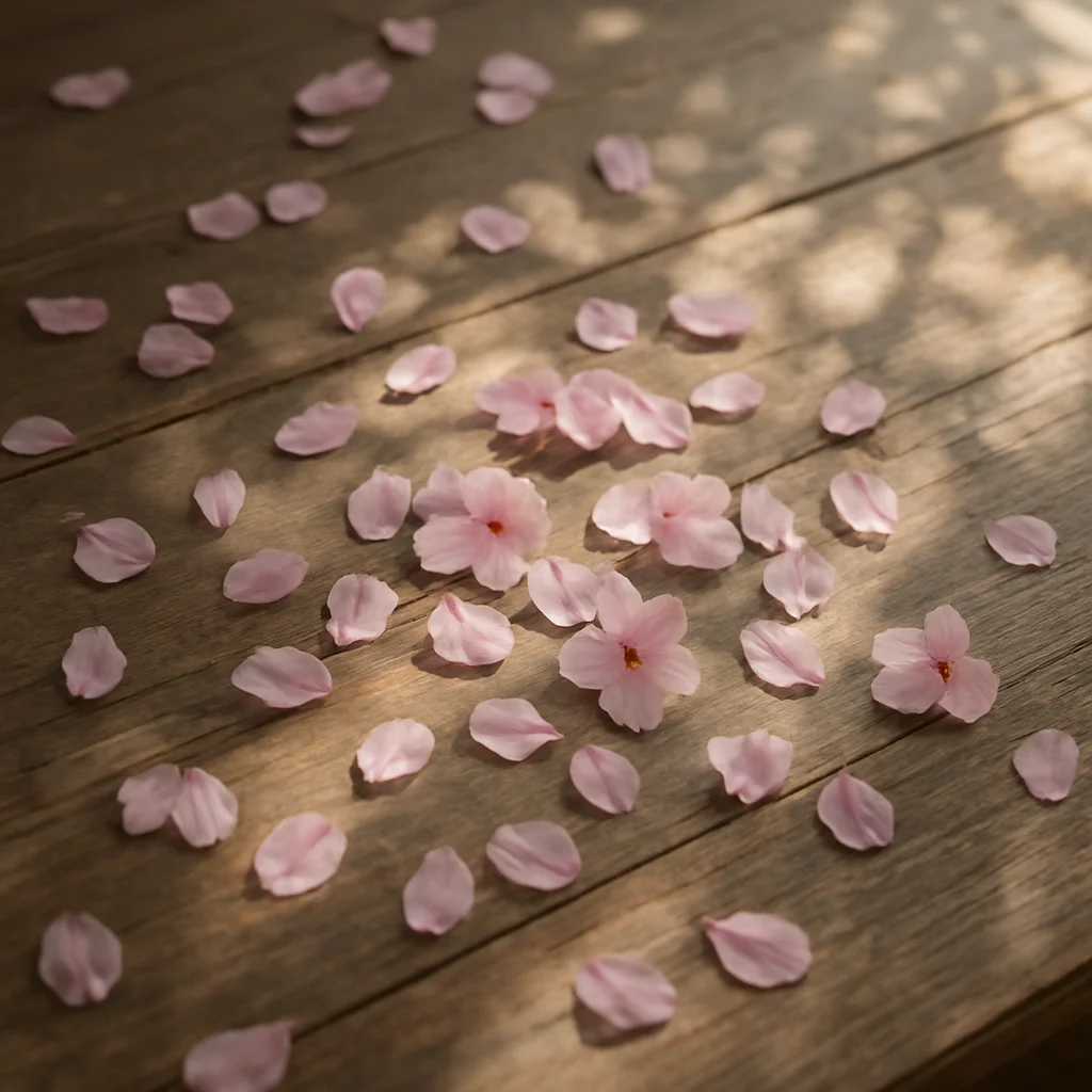 Scattered cherry blossom petals on a wooden surface with soft morning light filtering through, creating gentle shadows