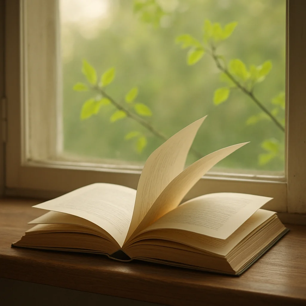 Open book with pages gently fluttering in spring breeze on a windowsill