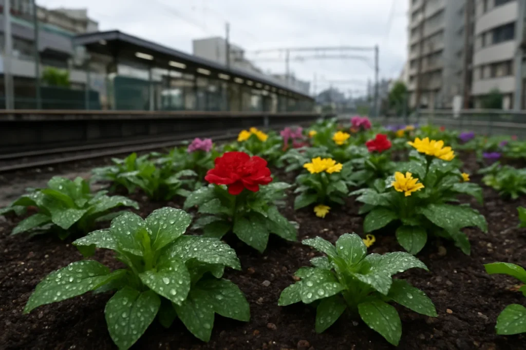 雨上がりの駅前花壇、水滴が付いた緑の葉っぱと湿った土