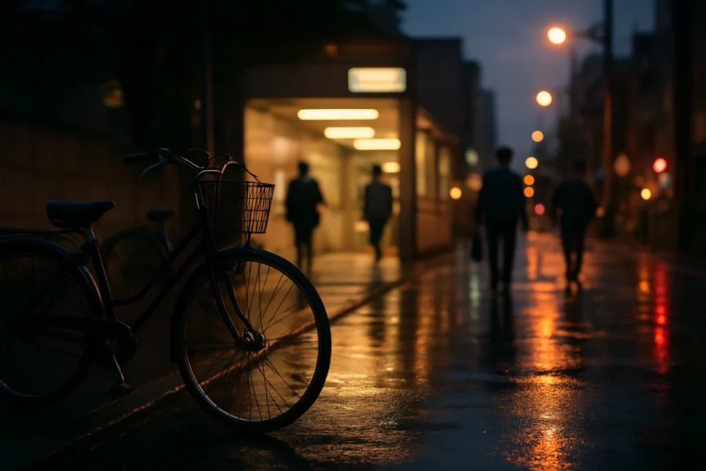 夕暮れの駅前で自転車ラックに停まる自転車と冷えたチェーンの質感