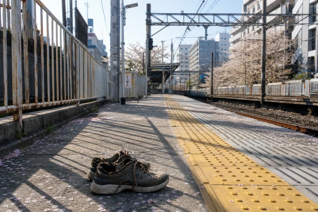 駅のホームで靴と影、線路の影を静かに捉えた風景