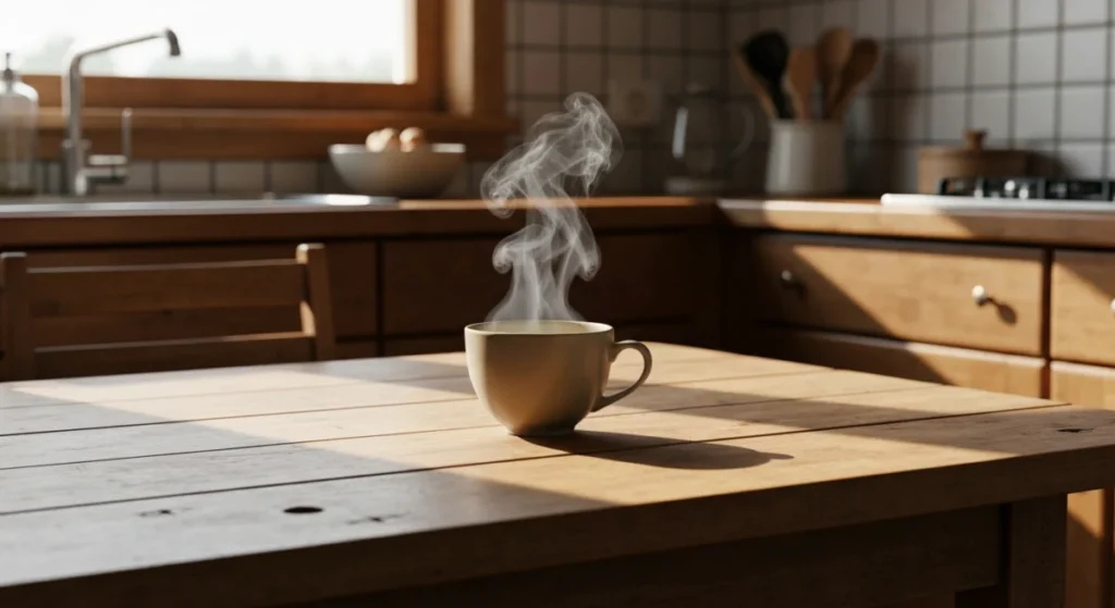 Steam rising from a ceramic tea cup on a wooden kitchen table with soft natural light