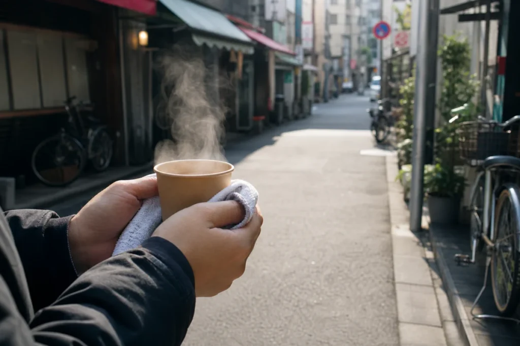 路地で紙コップの縁を布で拭く手元