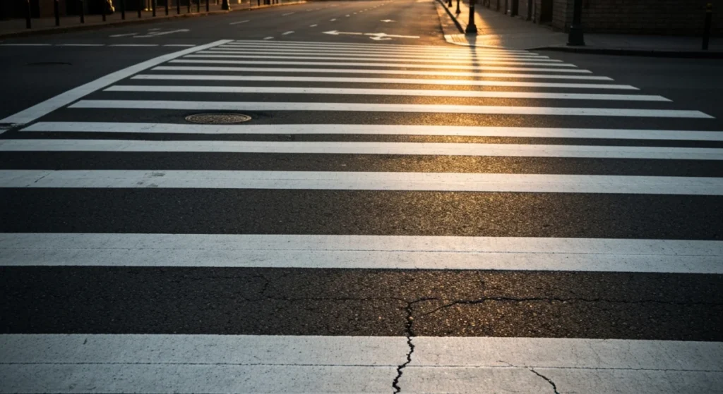 夕方の街の横断歩道、白線がくっきりと見える路面のクローズアップ